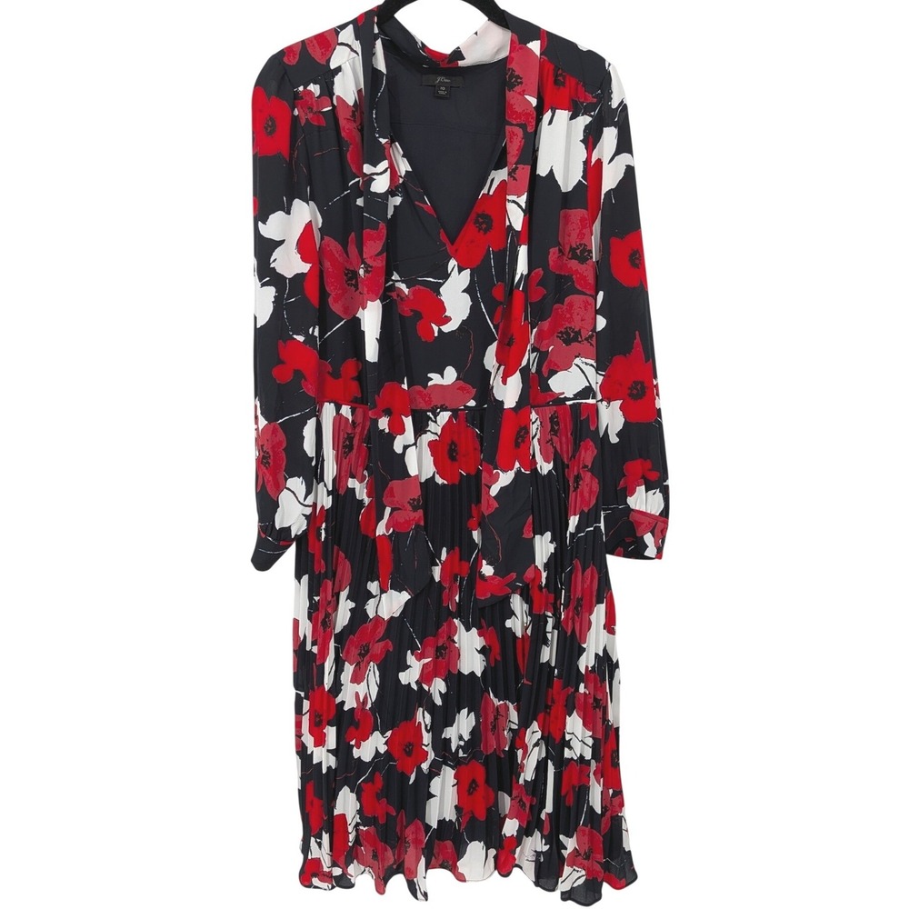 J Crew Pleated Midi Dress Women 10 Navy Blue Red Floral Sheer Long Sleeve Office